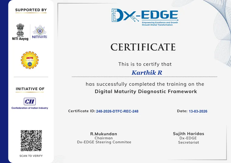 DX-EDGE certificate recognizing Karthik Raja.