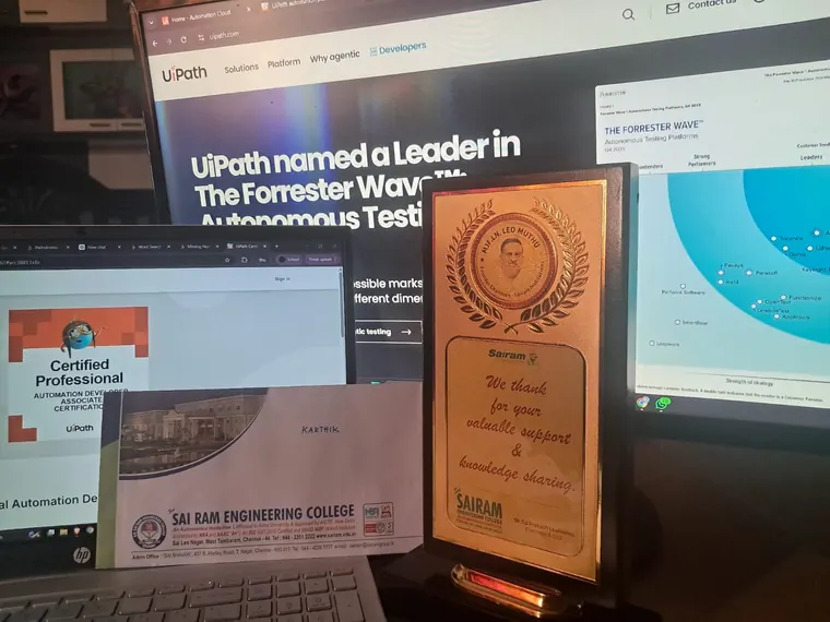 An exhibition display with project materials and awards.
